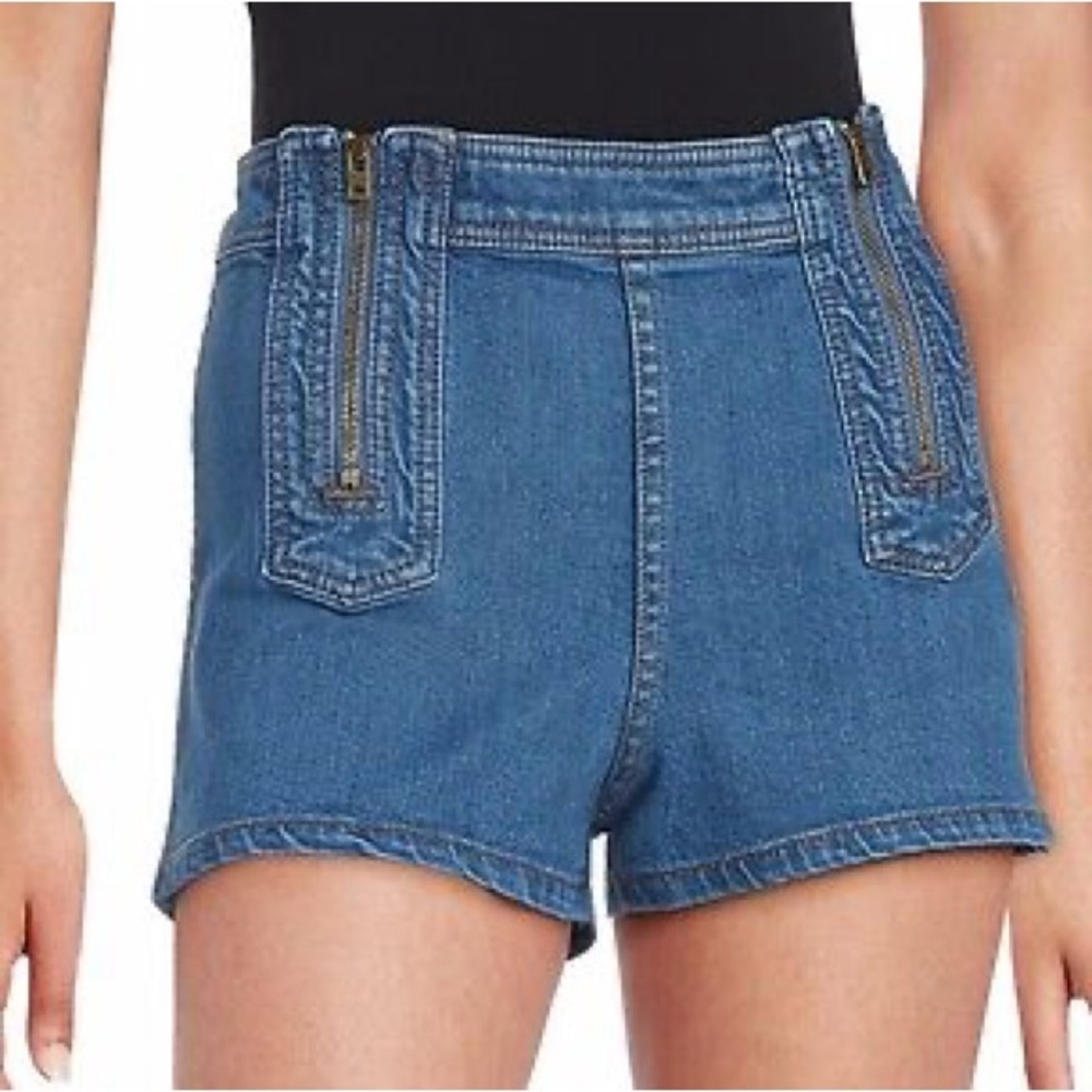 Free People OB485514 Blue Magic Mine Hi-Waist Zipper Stretch Denim Jean Shorts